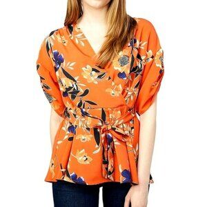 RD & Koko Women's Floral Faux Wrap Blouse Size Large Orange Tie Waist Peplum Top